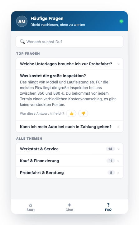 FAQ-Bereich des Widgets: Top-Fragen, Themen-Übersicht und Daumen-Feedback unter jeder Antwort