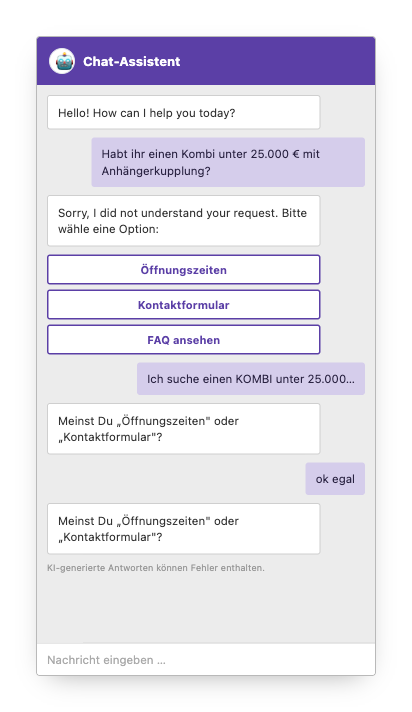 Typischer Klick-Menü-Bot: versteht die Fahrzeuganfrage nicht, antwortet auf Englisch und wiederholt dieselbe Rückfrage in einer Schleife